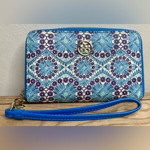 Tory Burch Blue & White Floral Wristlet Wallet Zip Around EUC